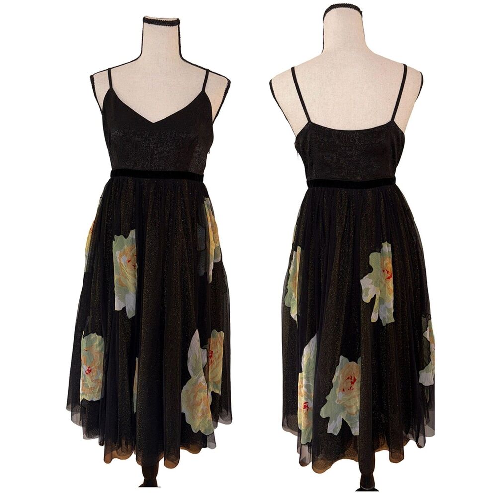 Moulinette Soeurs Anthropologie Safron Tulle Midi Dress Black Gold Floral 6P